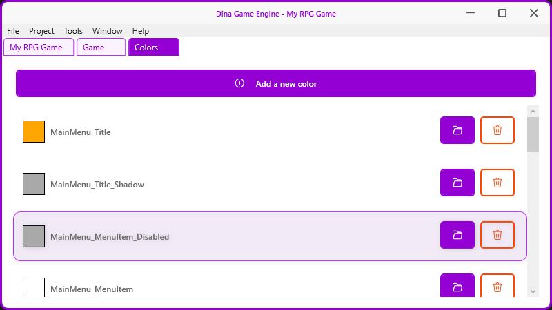 Gestion des couleurs de Dina Game Engine