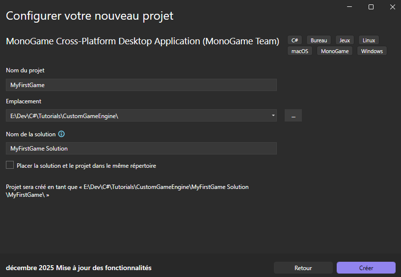Visual Studio Projet Nom et Emplacement